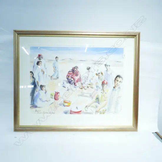 LUCILLE CRANWELL W/C 'PICNIC, SINGING SANDS, QATAR', SIGNED, DATED 2003 & TITLED. 570 x 795mm (IMAGE)