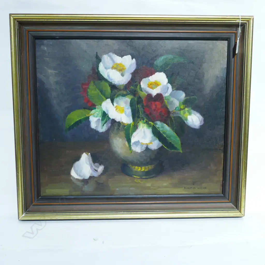 DOROTHY MILNE, OIL, STILL LIFE CAMELLIAS IN A VASE, SIGNED. 395 x 470mm Image 1++