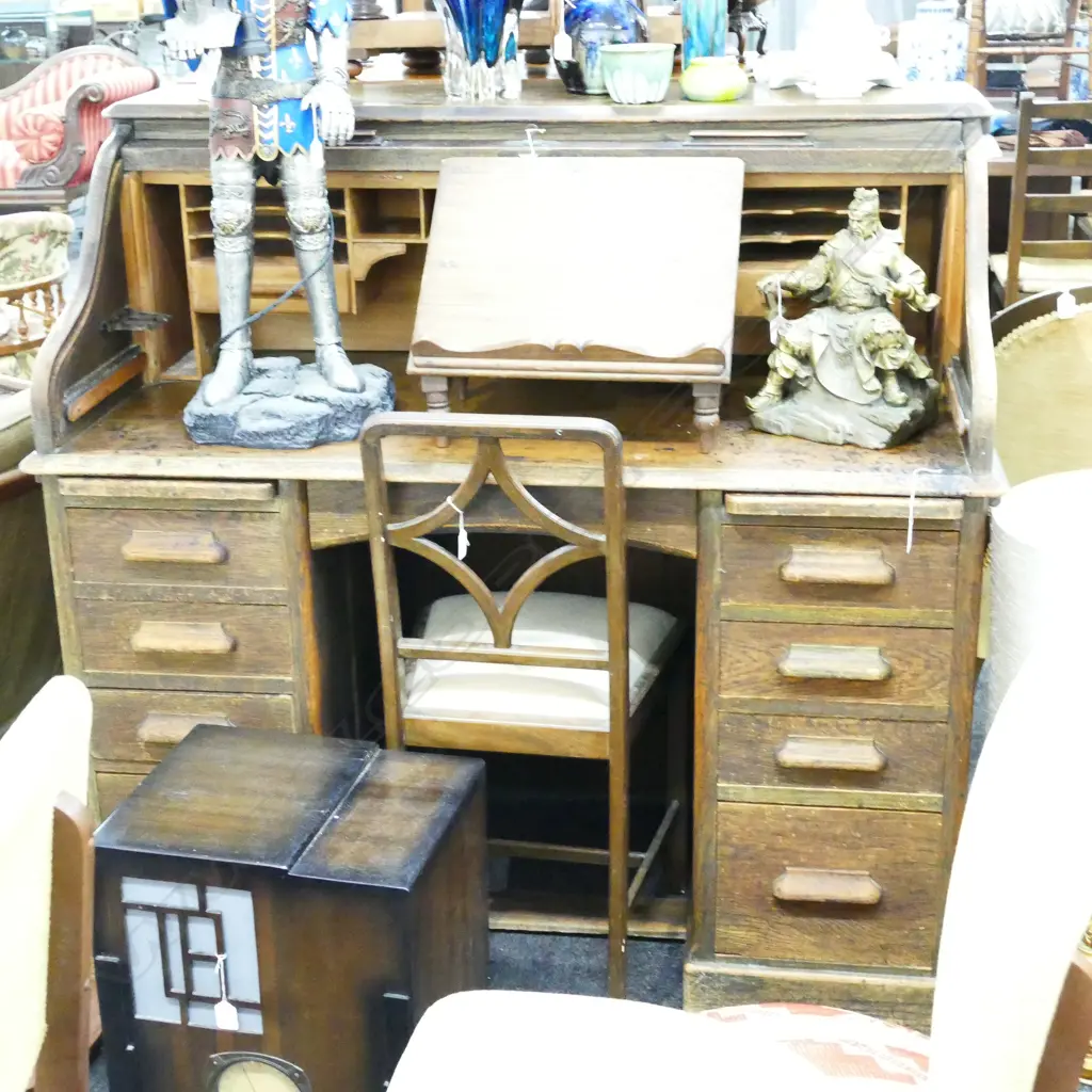ENGLISH OAK ROLL-TOP DESK W/ MAKERS MARK - H.L.L Image 1++