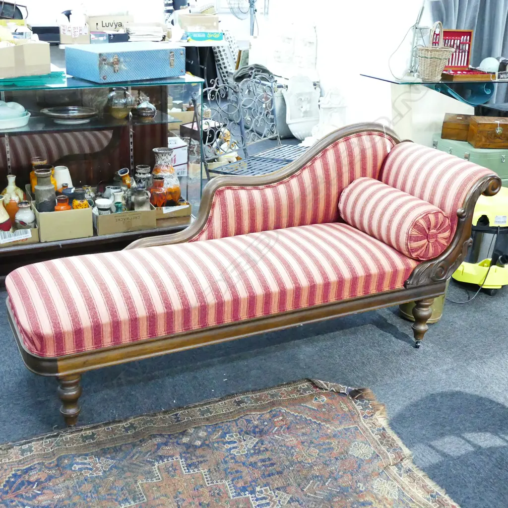 MAHOGANY SCROLL ENDED STRIPED CHAISE LOUNGE W. 1820 Image 1++