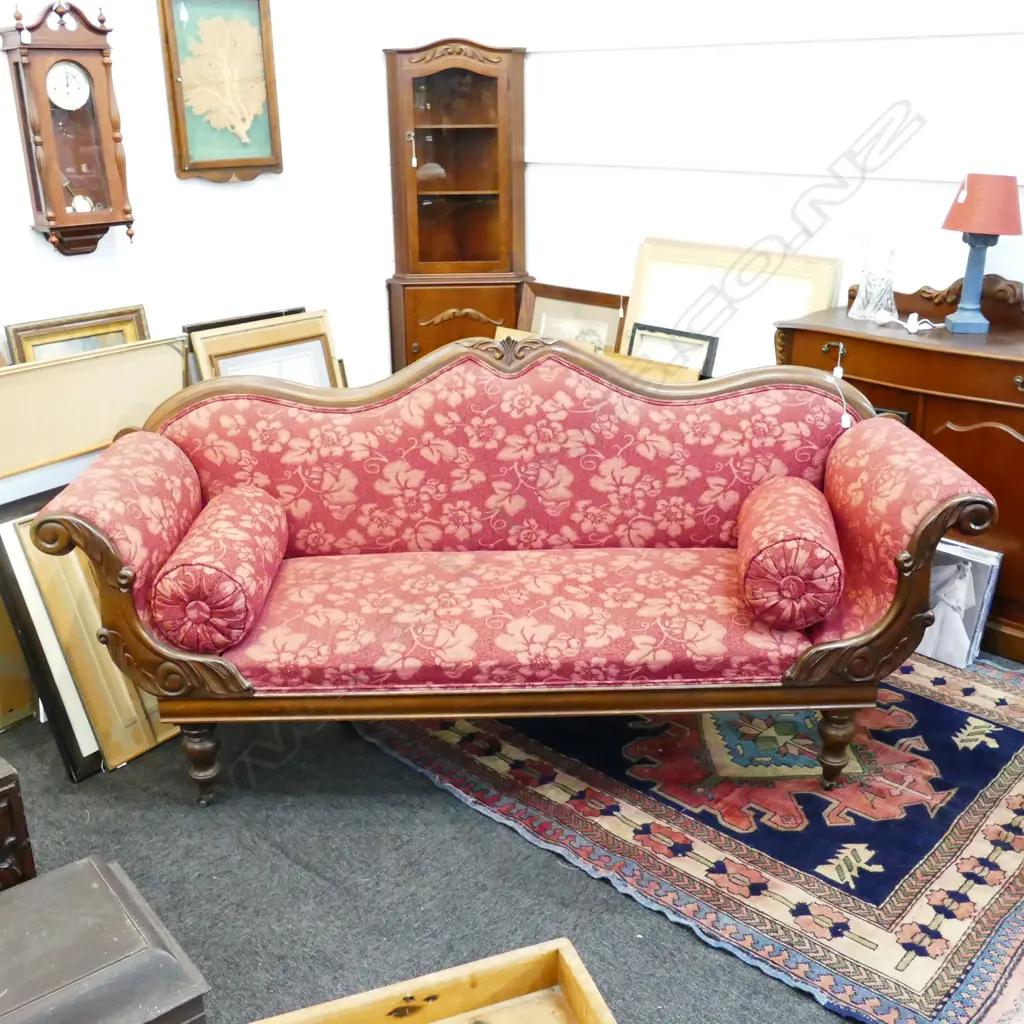 MAHOGANY CARVED SCROLL END SETTEE W. 2100 Image 1++