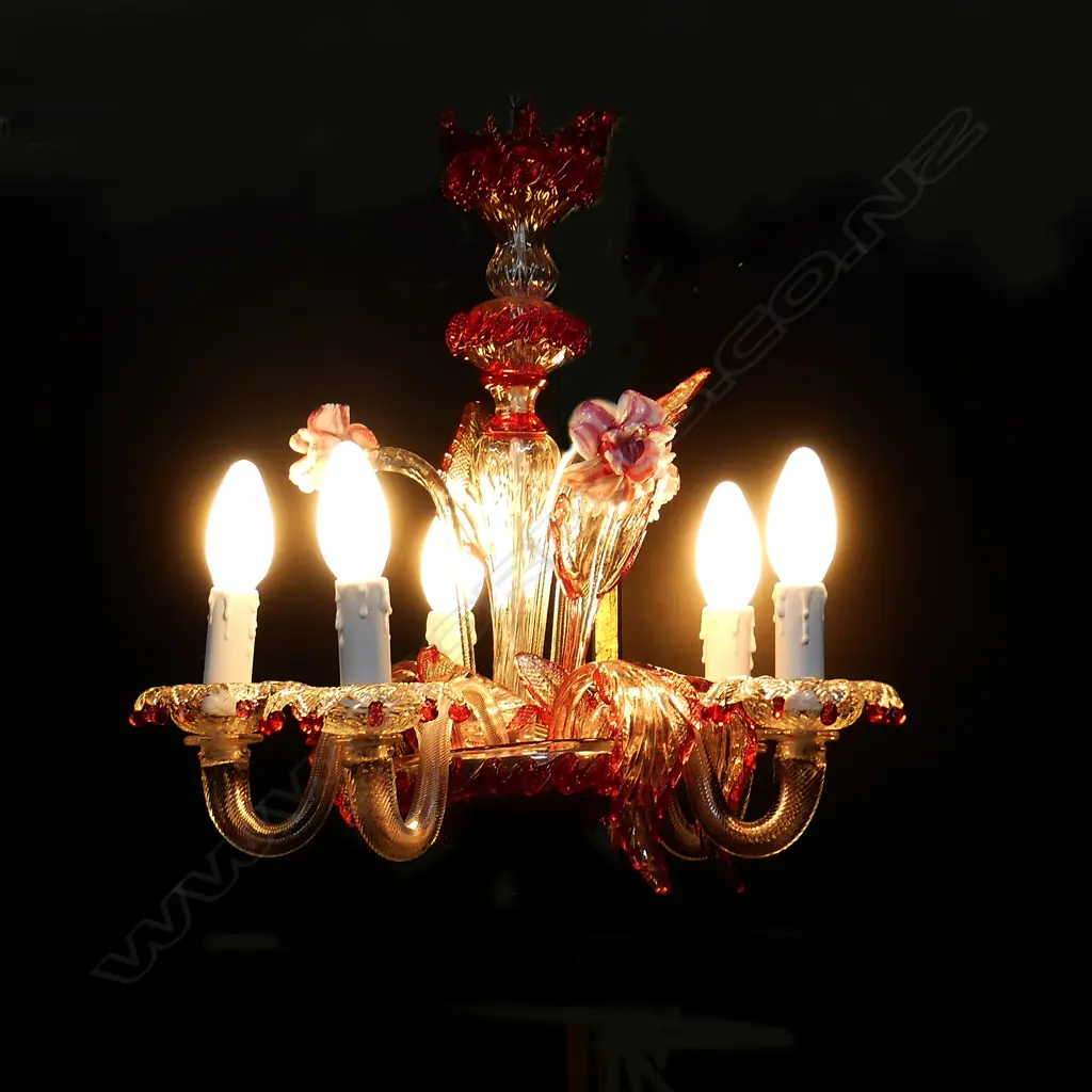 VENETIAN CRANBERRY & CLEAR GLASS CHANDELIER A.F Image 1++