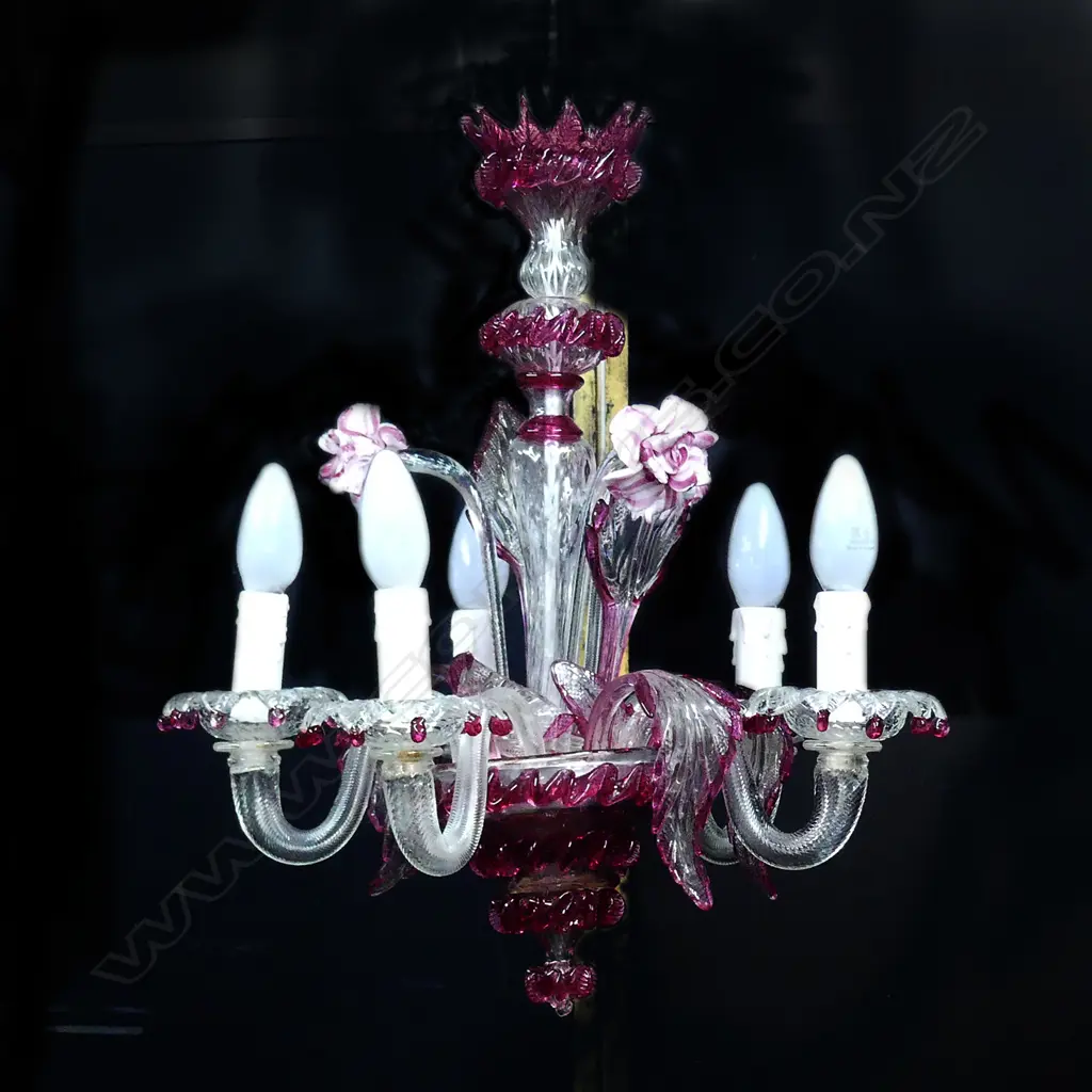 VENETIAN CRANBERRY & CLEAR GLASS CHANDELIER A.F Image 1++
