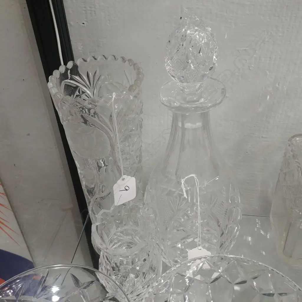 CRYSTAL DECANTER & 2 VASES Image 1++