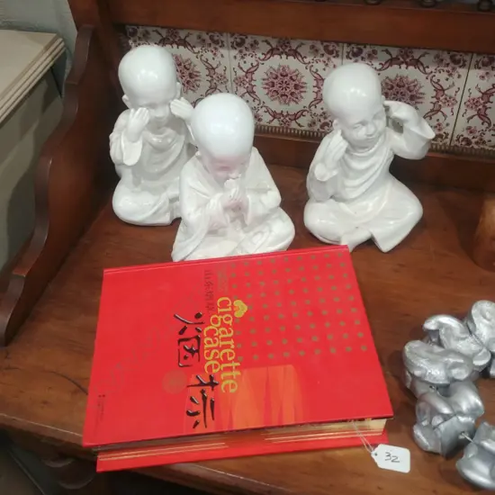 3 CHINESE FIGURINES & RED BOOK CIGARETTE CASES