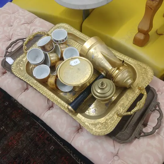 TURKISH COFFEE POT/CUPS;WITH 2 TRAYS
