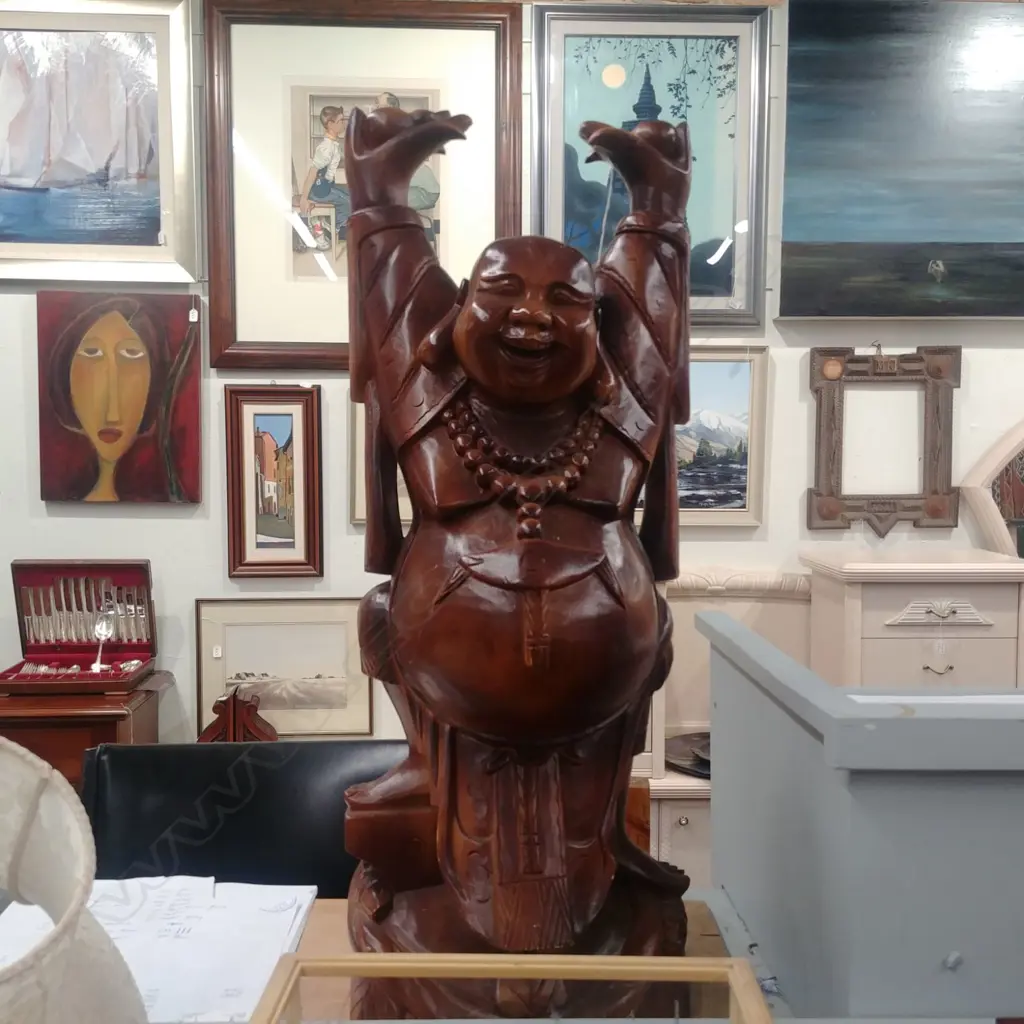 CARVED WOODEN HAPPY BUDDHA STATUE Image 1++