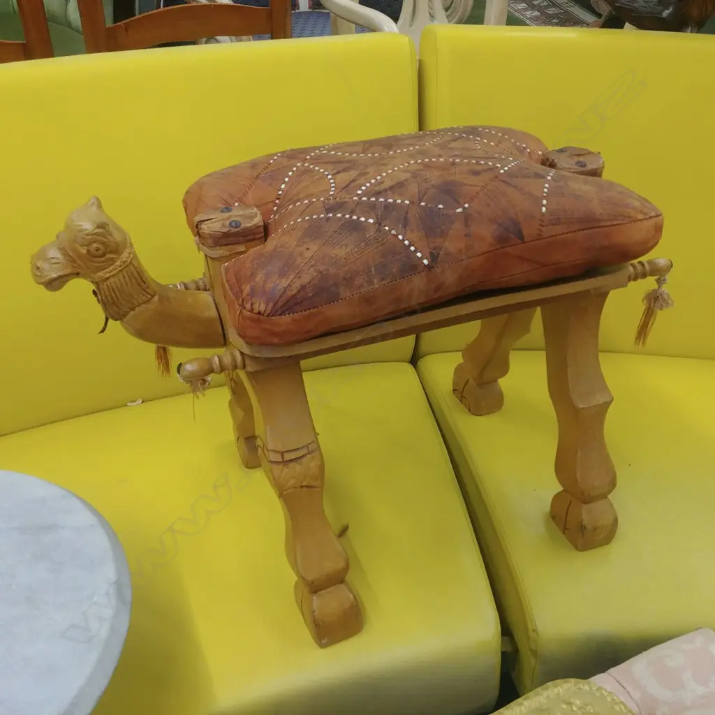 LEATHER POUF & CAMEL SHAPED WOODEN STOOL A/F Image 1++