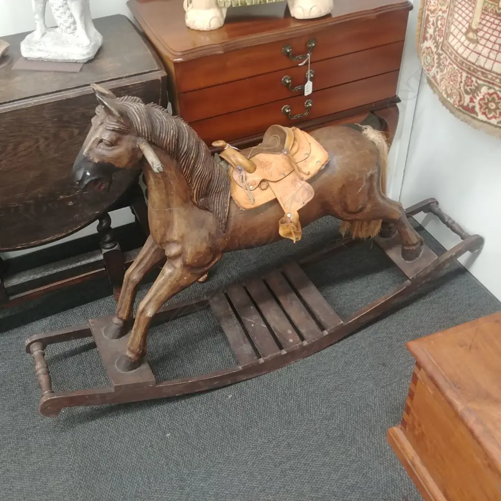 VINTAGE CARVED WOODEN ROCKING HORSE Image 1++