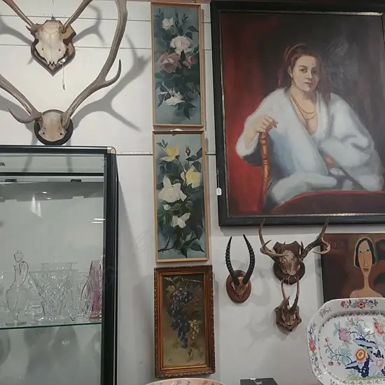 SIGNED STILL LIFE OIL - GRAPES + 2 FLOWER PAINTINGS