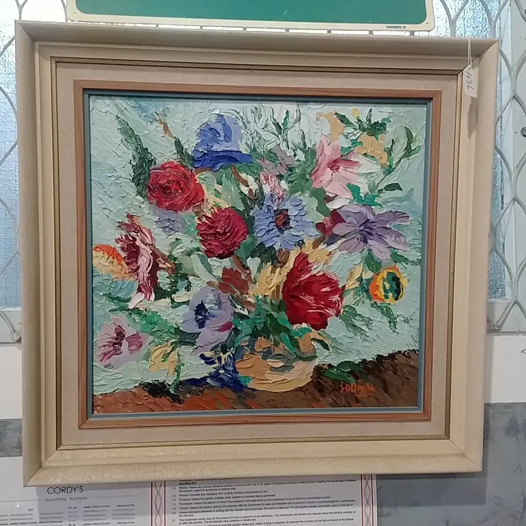 SULLIVAN IMPASTO OIL STILL LIFE FLOWERS Image 1++