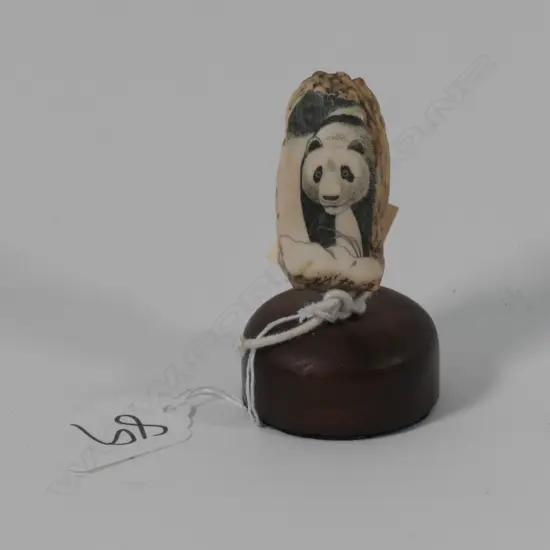 SCRIMSHAW OF A PANDA ON PLINTH BY DAVID ADAMS H 80 MM