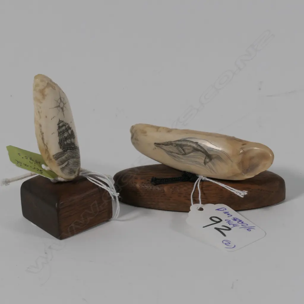 2 SCRIMSHAW  ON FOSSIL WALRUS TEETH OF A WHALE AND SHIP C 1980 ALASKA L 80 MM Image 1++