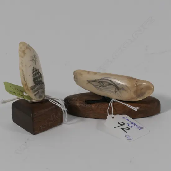 2 SCRIMSHAW  ON FOSSIL WALRUS TEETH OF A WHALE AND SHIP C 1980 ALASKA L 80 MM
