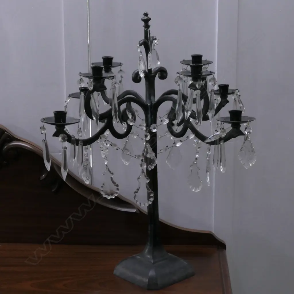 FOUR BRANCH BRONZE CANDELABRA WITH CRYSTAL DROPS Image 1++