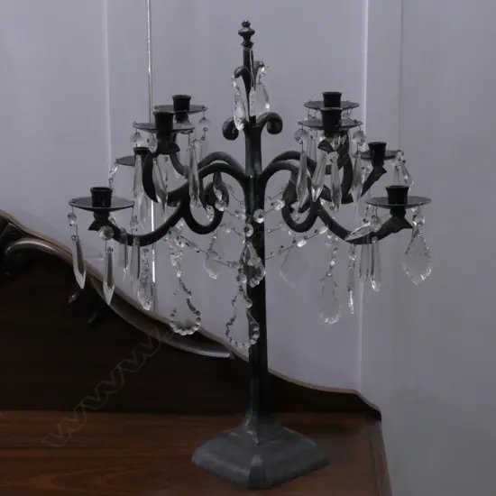 FOUR BRANCH BRONZE CANDELABRA WITH CRYSTAL DROPS