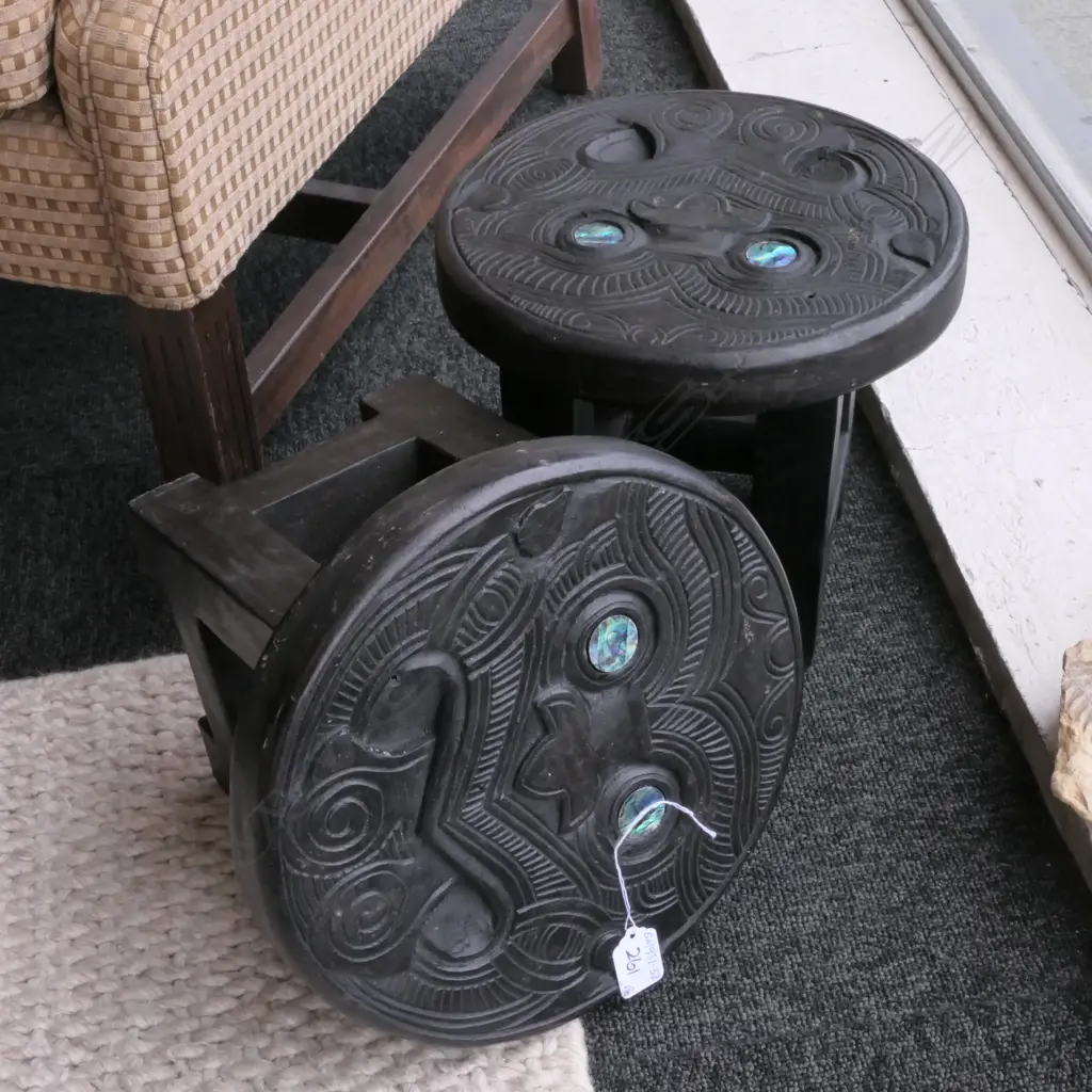 PR MAORI CARVED STOOLS PAUA INSERTS Image 1++