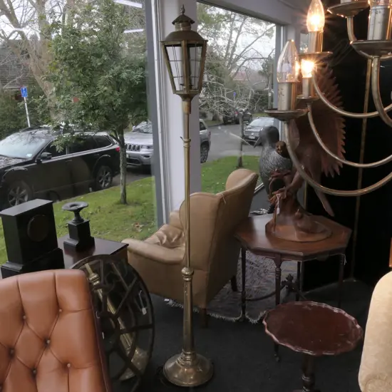 LARGE 19THC BRASS LANTERN STANDING LAMP WITH CLAW FEET TO BASE, RQ REWIRING