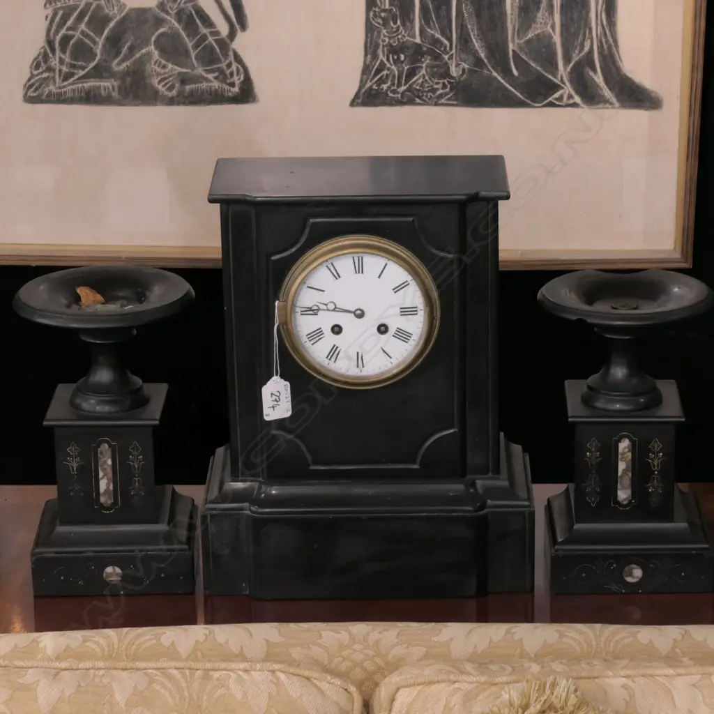 VICT SLATE MANTEL CLOCK WITH MATCHING PR SLATE/MARBLE CANDLE STICK HOLDERS (A/F)  Image 1++