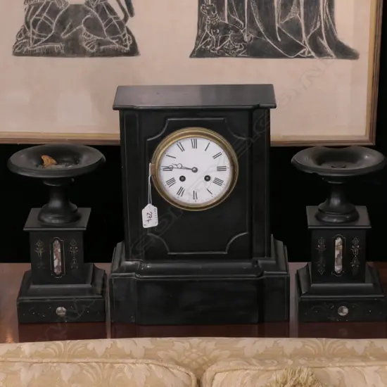 VICT SLATE MANTEL CLOCK WITH MATCHING PR SLATE/MARBLE CANDLE STICK HOLDERS (A/F) 
