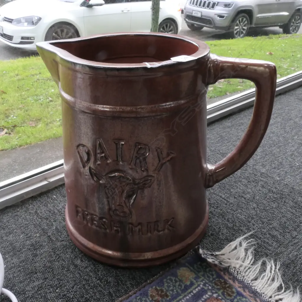 LGE 'DAIRY FRESH MILK' POTTERY JUG LUSTROUS DARK COPPER GLAZE Image 1++