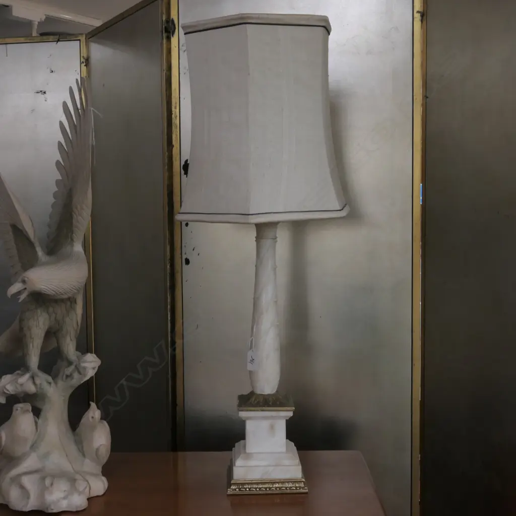 ANTIQUE MARBLE PEDESTAL LAMP CANFAS LEAF DETAILS WITH SHADE (A/F) Image 1++