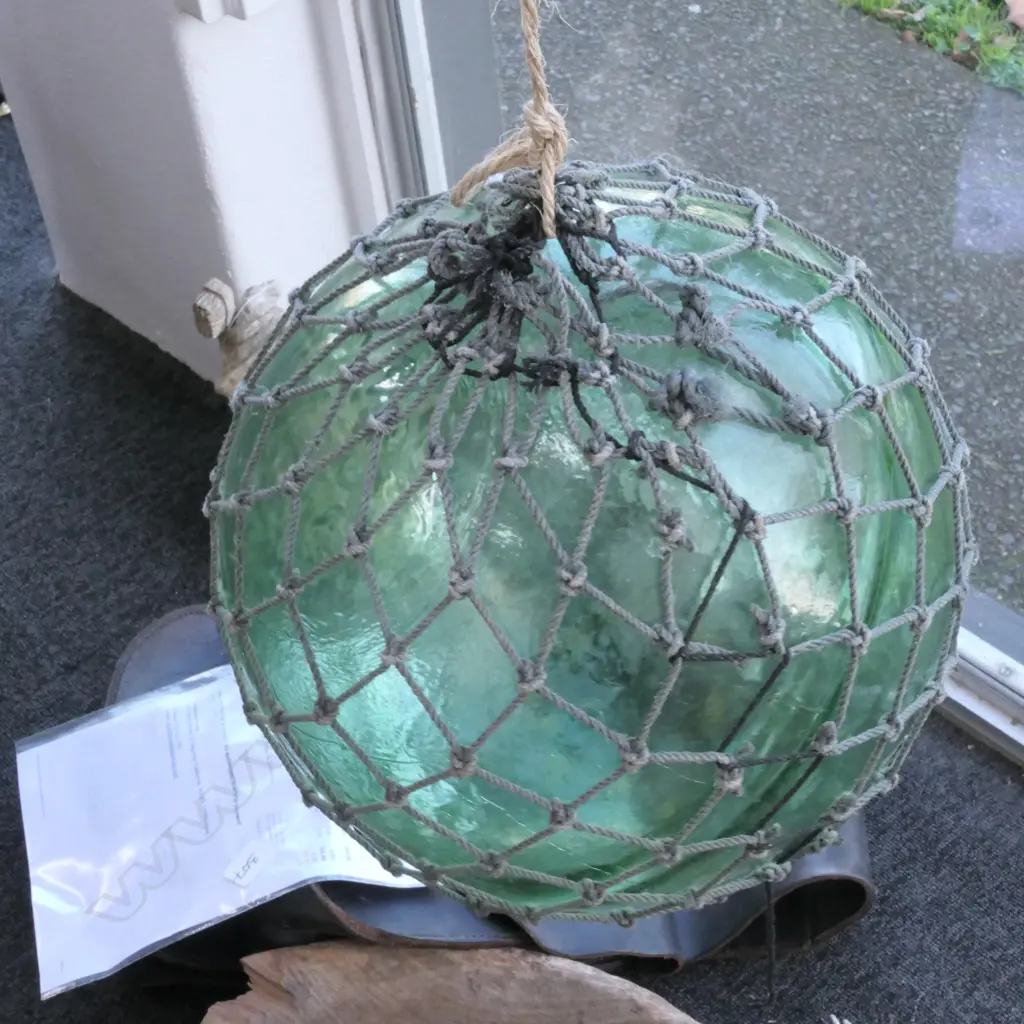 OLD LARGE GLASS FISHING FLOAT WITH NETTING Image 1++