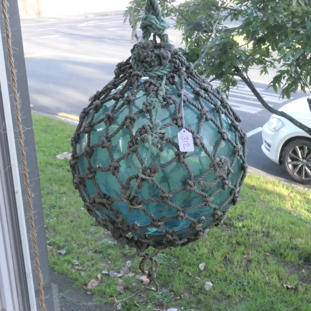 OLD LARGE GLASS FISHING FLOAT WITH NETTING Image 1++