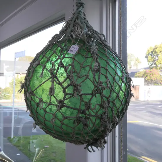 OLD LARGE GLASS FISHING FLOAT WITH NETTING