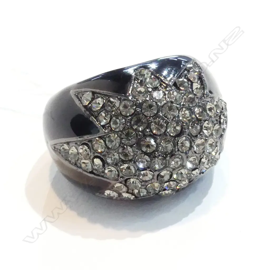 DECO STYLE CRYSTAL BLACK ENAMEL DRESS RING Image 1++