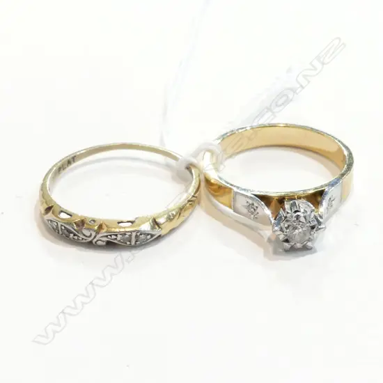 18CT SOLITAIRE DIA. RING 18CT + ETERNITY RING. VALS. $1619