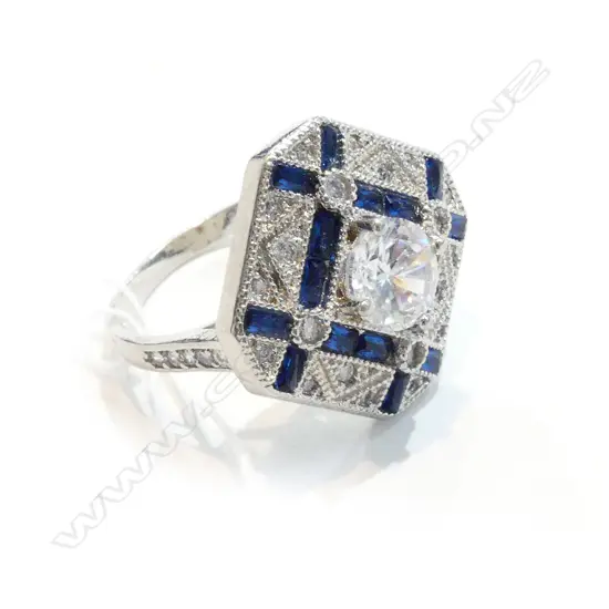 FAUX SAPPHIRE & DIA. DECO SILVER CLUSTER RING