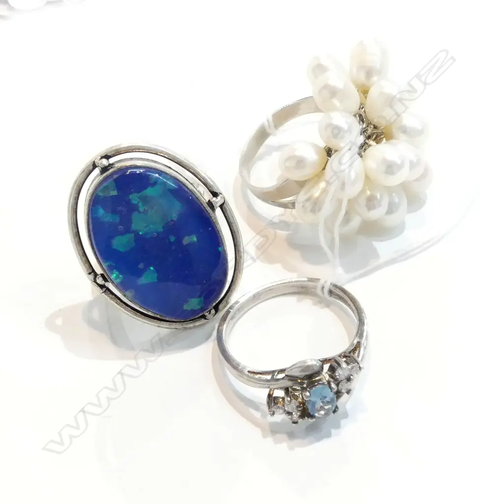 3 RINGS; PEARL +OPAL TYPE + AQUAMARINE? Image 1++