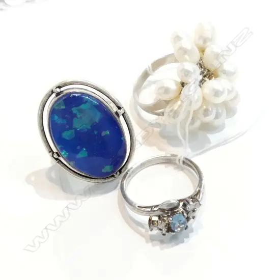 3 RINGS; PEARL +OPAL TYPE + AQUAMARINE?