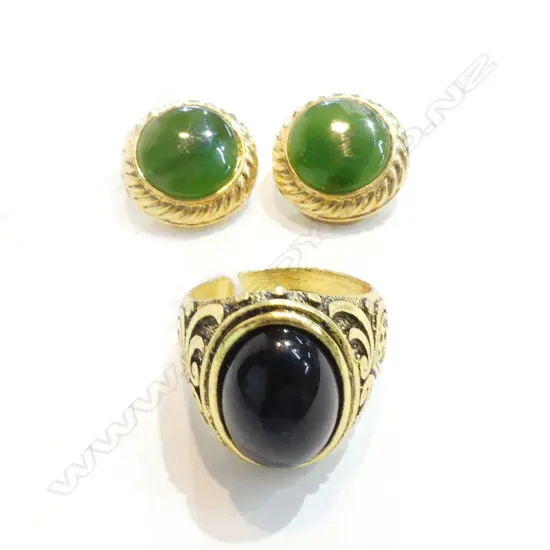 VINTAGE GREENSTONE CLIP EARRINGS + TOPAZ RING 15 STONE
