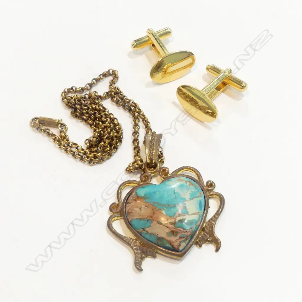 TURQUOISE G/PLATED NECKLACE + PR CUFFLINKS Image 1++