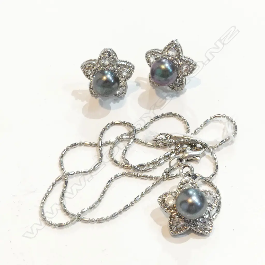 SET 3 BLACK PEARL CZ PENDANT + EARRINGS Image 1++