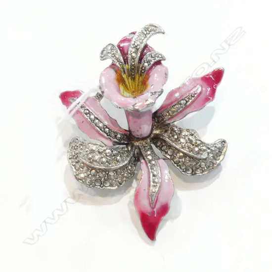 MARCASITE ENAMEL 50'S ORCHID BROOCH