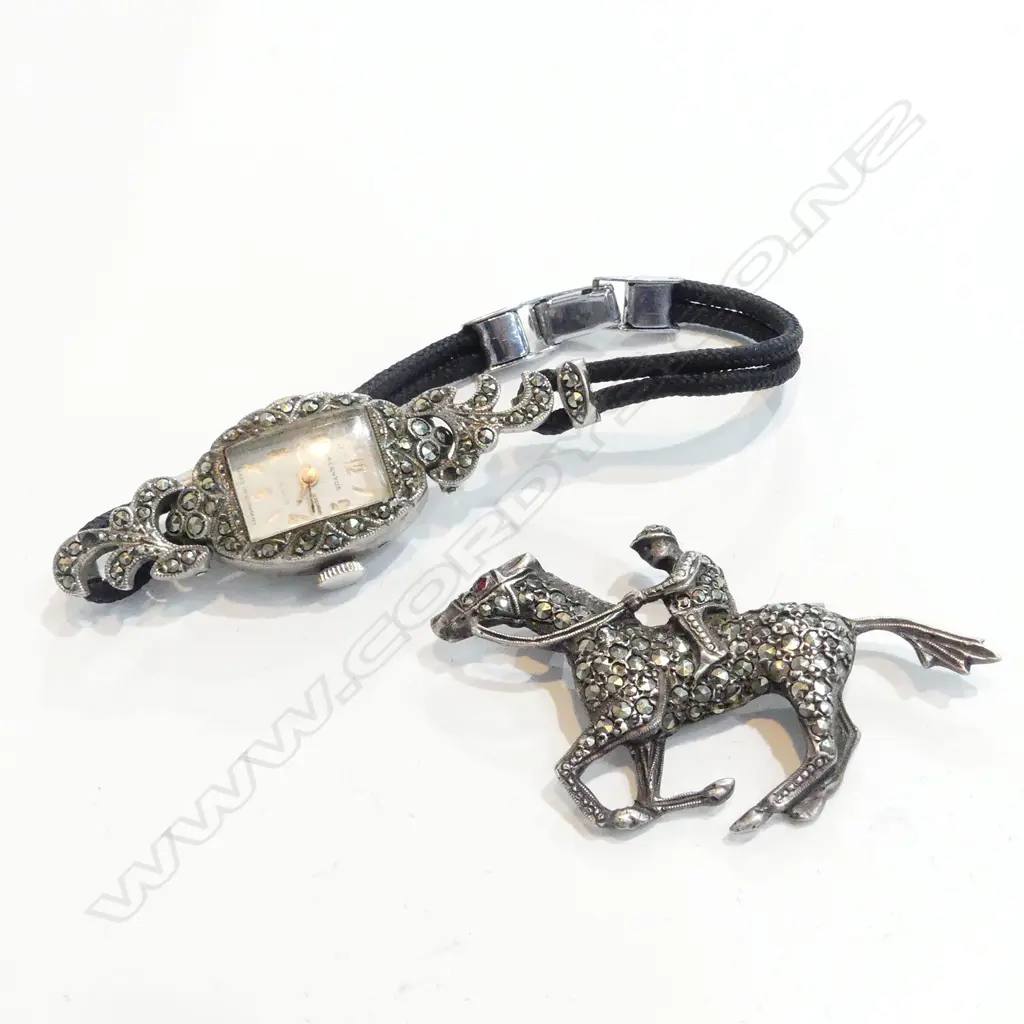VINTAGE MARCASITE WRISTWATCH + HORSE RACING BROOCH Image 1++