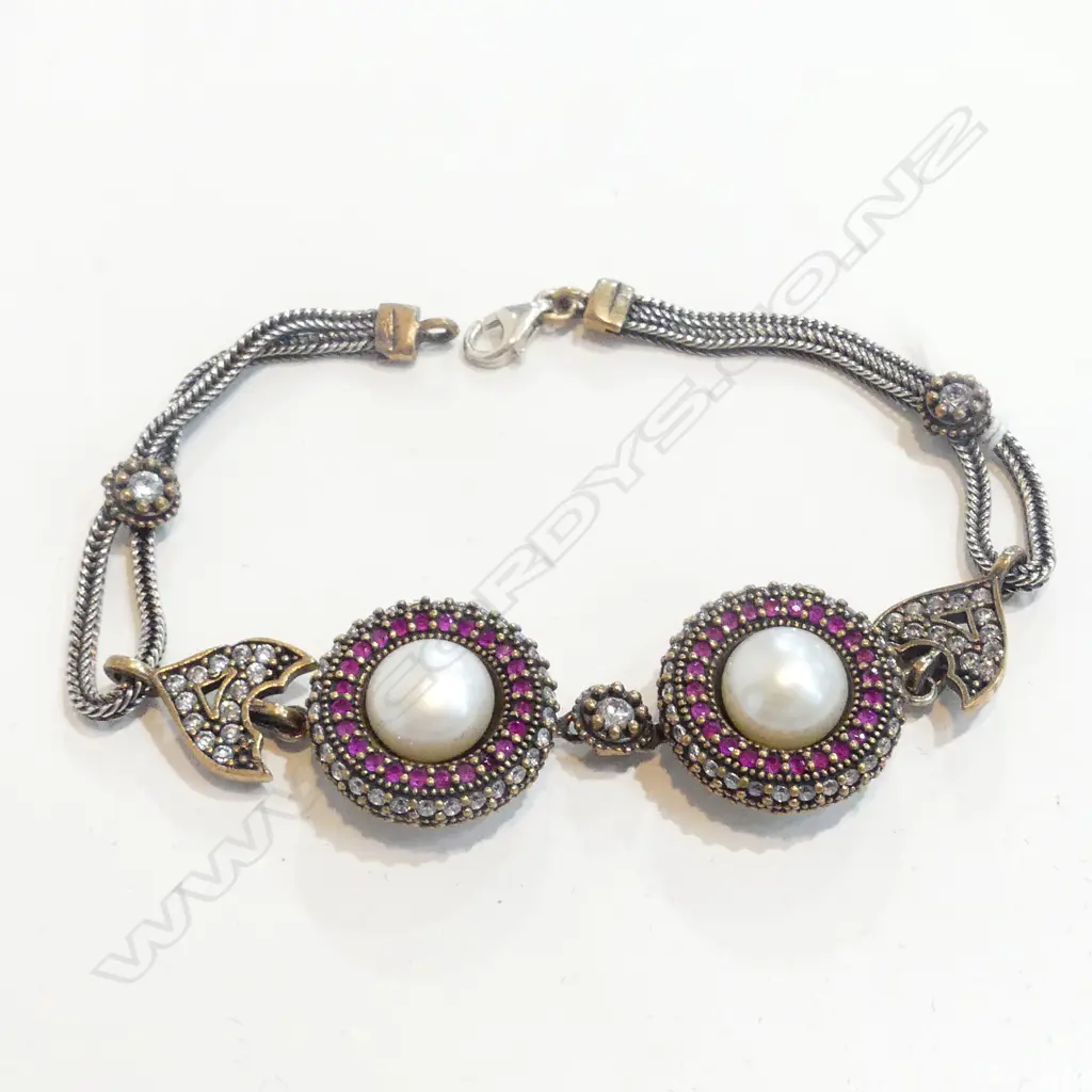 RETRO RUBY? PEARL BRACELET FAUX DIAMONDS SILVER Image 1++