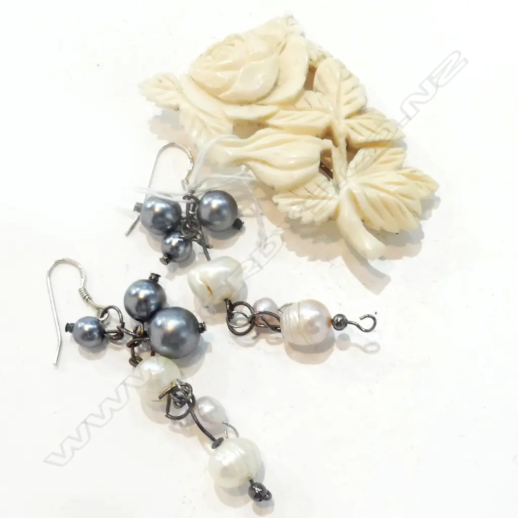 PEARL EARRINGS + IVORY BROOCH + CARNELIAN PCES... Image 1++