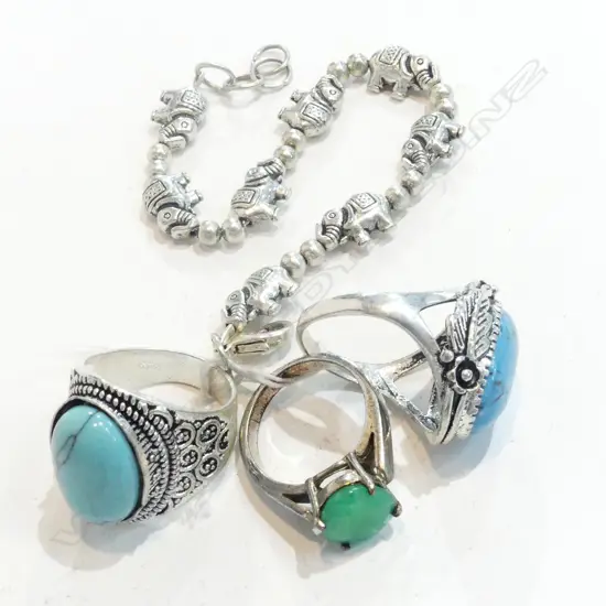 2 SILVER TURQUOISE RINGS SILVER BRACELET EMERALD RING 
