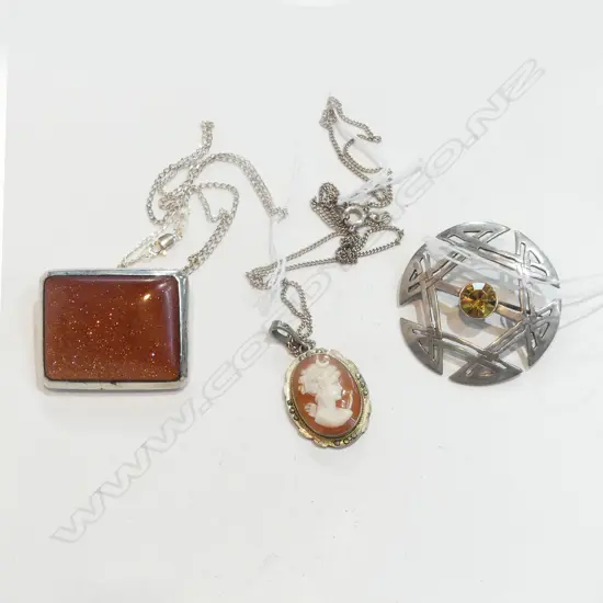 SILVER CAMEO PENDANT + GOLDSTONE PENDANT + BROOCH