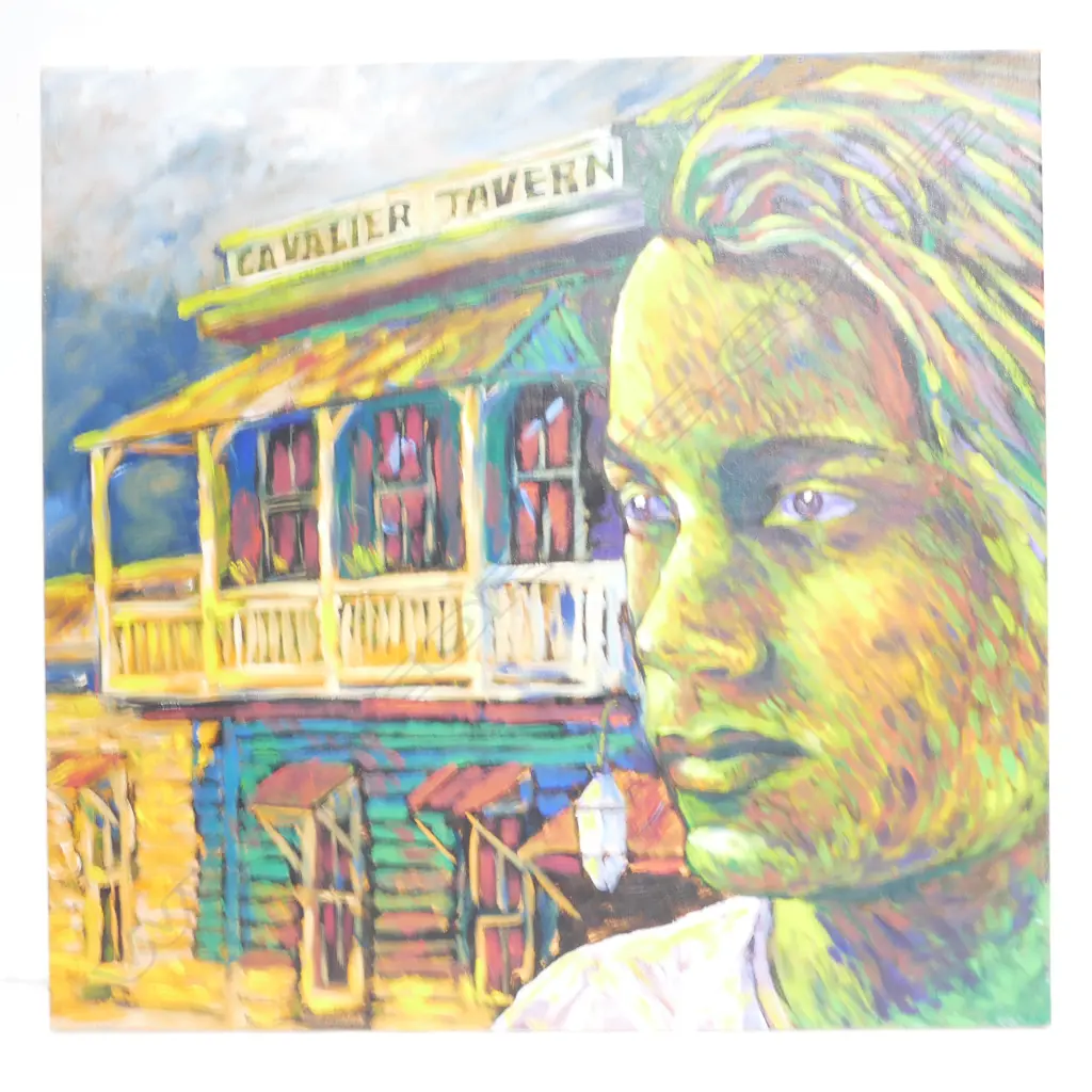 KARL-HEINZ SCHRADT, OIL ON CANVAS, PORTRAIT OUTSIDE THE CAVALIER TAVERN, SIGNED AND DATED 2009 VERSO. 750 x 775mm Image 1++