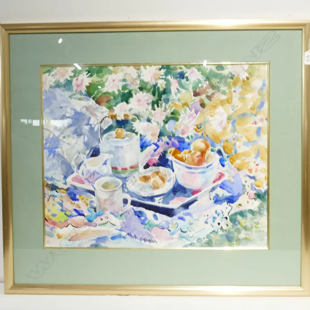 VIVIAN MANTHEL WATERCOLOUR 'TEA IN THE GARDEN' 720MM H X 810MM W Image 1++