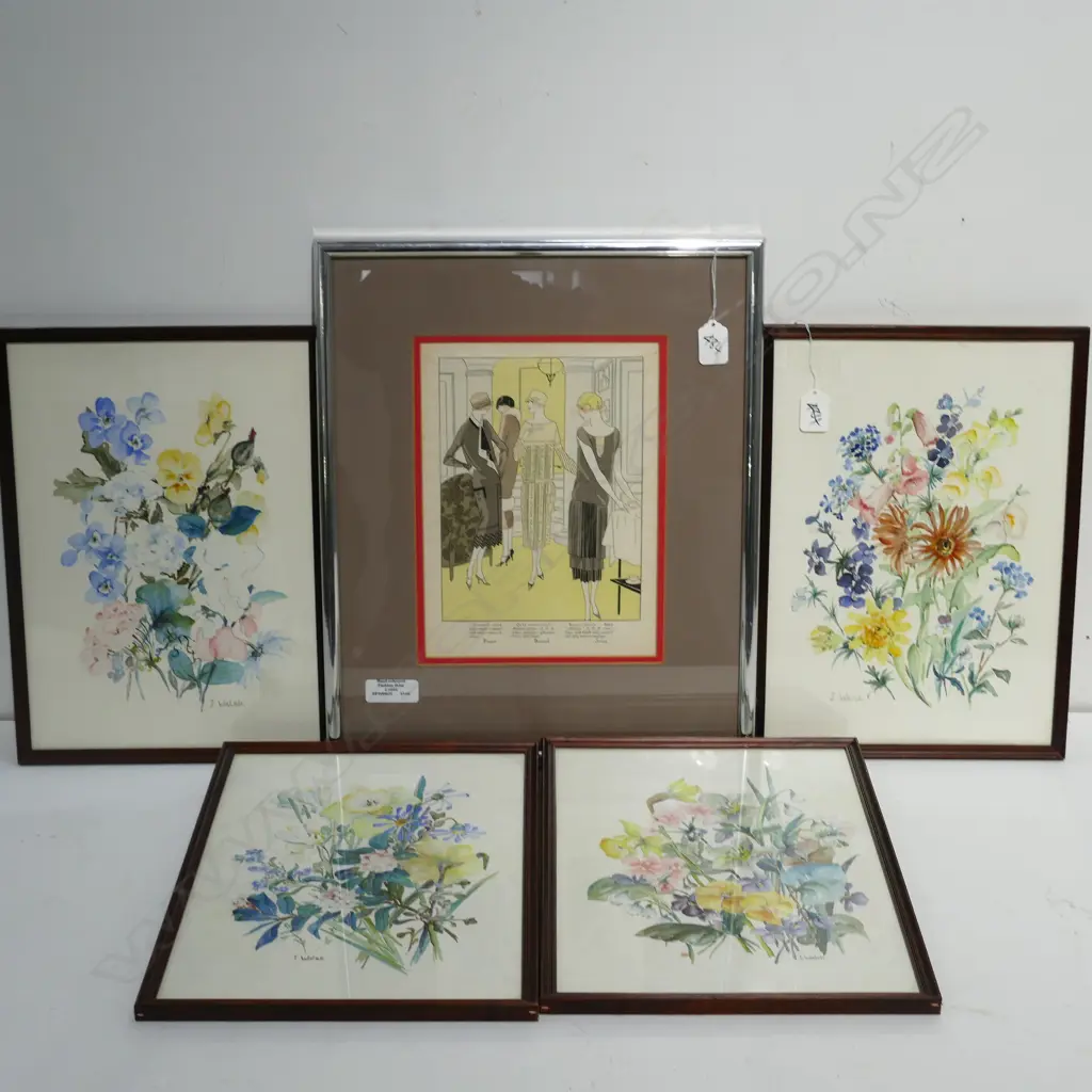 FOUR J. WALSH FLOWER WATERCOLOURS 375MM H 275MM W AND 1920S FASHION ILLUSTRATION 450MM H 360MM W Image 1++