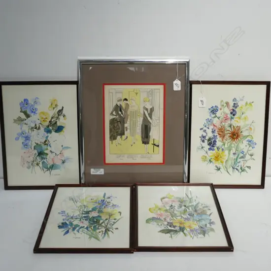 FOUR J. WALSH FLOWER WATERCOLOURS 375MM H 275MM W AND 1920S FASHION ILLUSTRATION 450MM H 360MM W