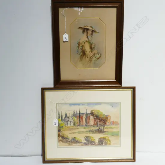 1 FRAMED W/COLOUR N.Z LANDSCAPE BY JANE EYRE/ WITH A PORTRAIT L 450 MM