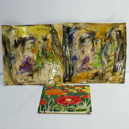 PAIR OF CERAMIC ART TILES 'ROJAN FAMILY AND CAT' 270MM SQ AND FLOWER TILE
