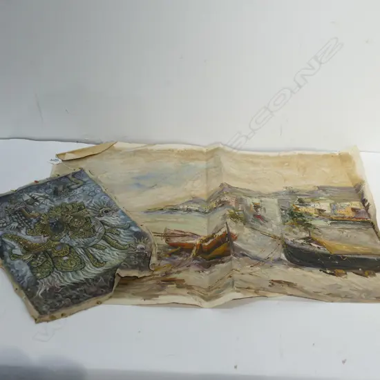 TWO WORKS ON CANVAS (CREASED) - COASTAL LANDSCAPE + ANOTHER - LARGEST 510 X 710